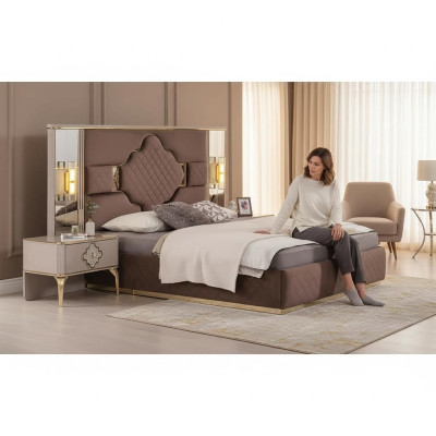Braun-Beige Exklusive Schlafzimmer Garnitur Doppelbett 2x Nachttische