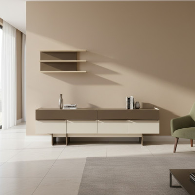 Beige-Braune Wohnzimmer Garnitur Holz Möbel Edles Sideboard Wandregal