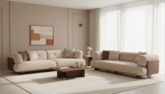 Stilvolle Beige Sofagarnitur Ecksofa L Form Polstermöbel Dreisitzer Sofa