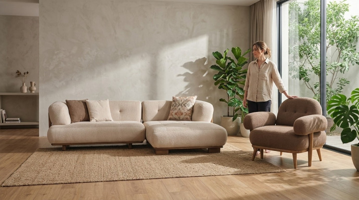 Schicke Beige-Braune Sofagarnitur Stilvolles Ecksofa Textilsessel 2tlg