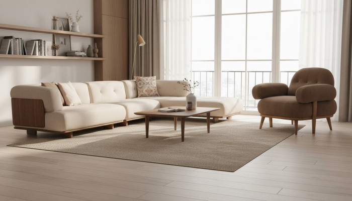 Schicke Beige-Braune Sofagarnitur Stilvolles Ecksofa Textilsessel 2tlg