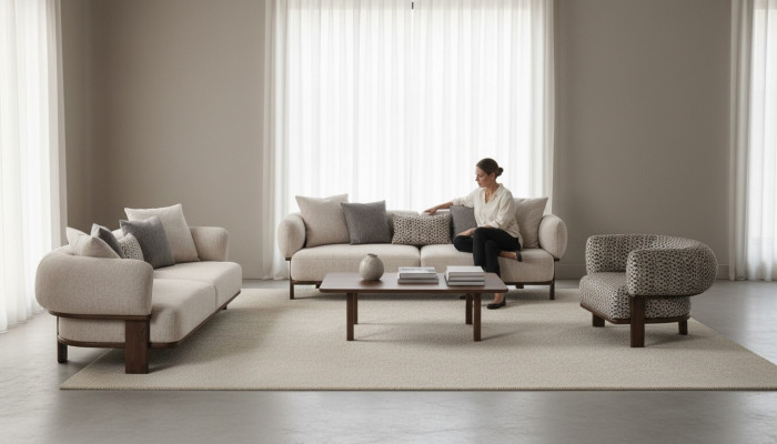 Hellgraue Wohnzimmer Sitzgarnitur Polstercouchen Textilsessel 2x Sofas
