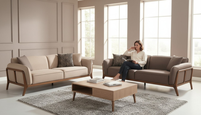 Stilvolle Beige Dreisitzer Garnitur Wohnzimmer Polstercouchen Sitzmöbel