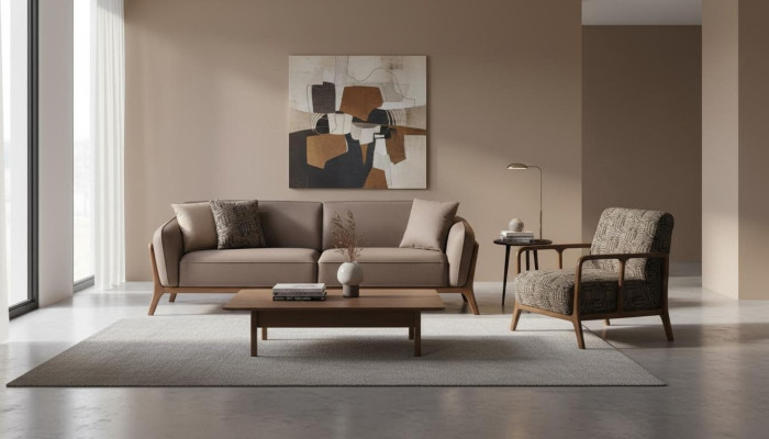Braune Moderne 3-Sitzer Couch Wohnzimmer Sessel 2tlg Edle Sitzgarnitur