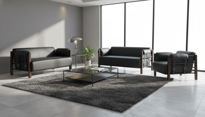 Sofa-Set Sofagarnituren Sofas Leder 2-Sitzer Sessel Schwarz Modern Holz