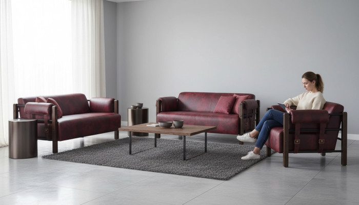 Sofa-Set 2-Sitzer Sessel Ledersofas Komplett Leder Holz Modern Weiche