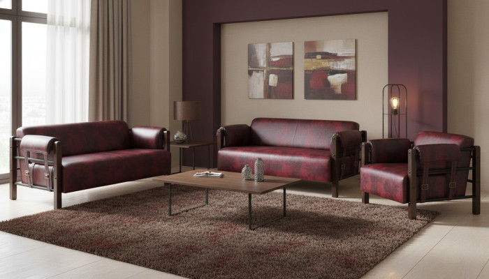 Sofa-Set 2-Sitzer Sessel Ledersofas Komplett Leder Holz Modern Weiche