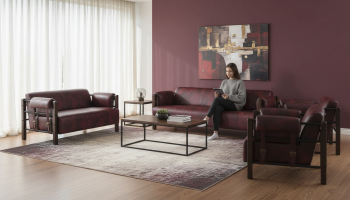 Sofa-Set Couch 3-Sitzer 2-Sitzer Sessel Bordeaux Ledersofas Komplett