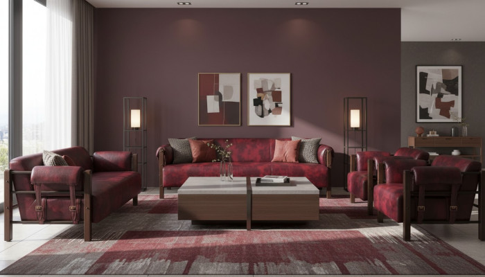 Sofa-Set Couch 3-Sitzer 2-Sitzer Sessel Bordeaux Ledersofas Komplett