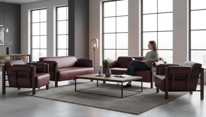 Sofas 2-Sitzer Sessel Bordeaux Modern Holz Weiche Leder Armlehnen Set