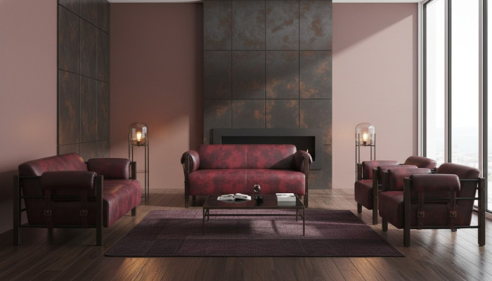 Sofas 2-Sitzer Sessel Bordeaux Modern Holz Weiche Leder Armlehnen Set
