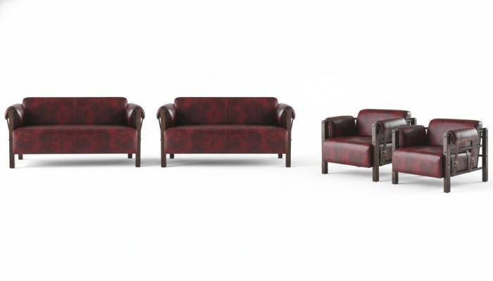 Sofas 2-Sitzer Sessel Bordeaux Modern Holz Weiche Leder Armlehnen Set