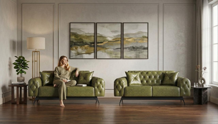 Sofa-Set 2-Sitzer Ledesofas Grün Chesterfield Klassisch Kissen Polster