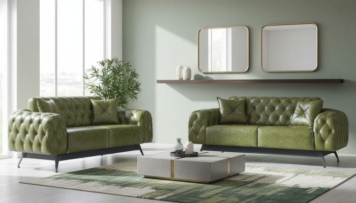 Sofa-Set 2-Sitzer Ledesofas Grün Chesterfield Klassisch Kissen Polster