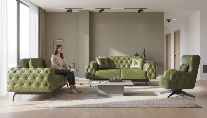 Sofa-Set Chesterfield 3-Sitzer 2-Sitzer Leder Holz Sessel Grün Klassisch