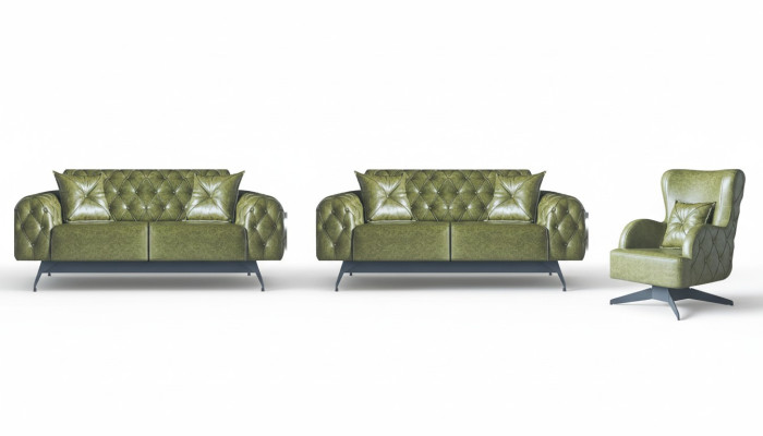 Sofa-Set Chesterfield 3-Sitzer 2-Sitzer Leder Holz Sessel Grün Klassisch