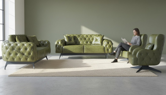 Sofa-Set Kissen Polster 2-Sitzer Leder Sessel Grün Sitzmöbel Chesterfield