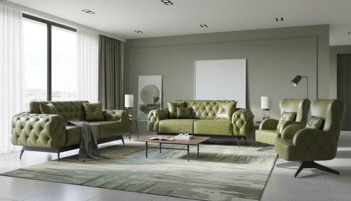Sofa-Set Kissen Polster 2-Sitzer Leder Sessel Grün Sitzmöbel Chesterfield