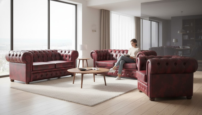 Ledersofas Chesterfield Sofas 2-Sitzer Sessel Bordeaux Klassisch Leder