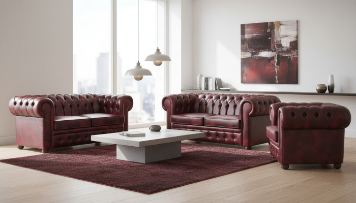 Ledersofas Chesterfield Sofas 2-Sitzer Sessel Bordeaux Klassisch Leder