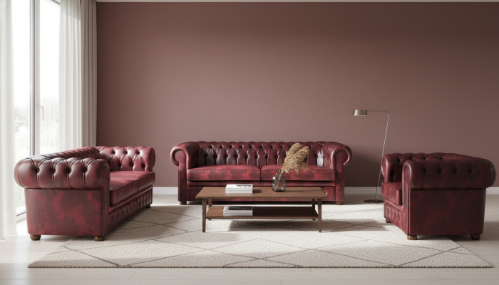 Klassisches Ledersofa Sofas 3-Sitzer Sofagarnitur Sessel Chesterfield Set 3tlg.