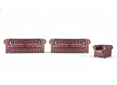 Klassisches Ledersofa Sofas 3-Sitzer Sofagarnitur Sessel Chesterfield Set 3tlg.