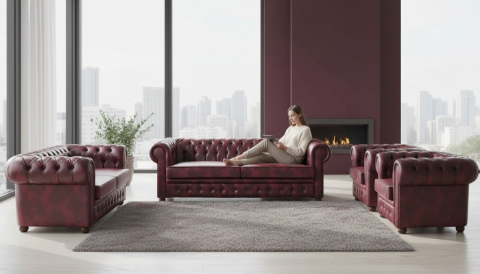 Sofagarnitur Set Couch Chesterfield 3-Sitzer 2-Sitzer Sessel Bordeaux Set 4tlg.