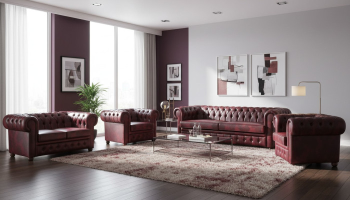 Sofagarnitur Set Couch Chesterfield 3-Sitzer 2-Sitzer Sessel Bordeaux Set 4tlg.