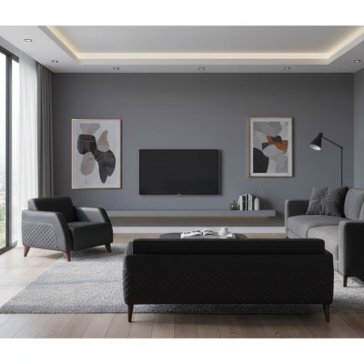 Ledersofas Set 3-Sitzer Sessel Schwarz Couch Modern Sofa-Set Sitzmöbel