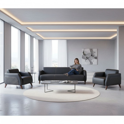 Sitzmöbel 3-Sitzer 2x Sessel Schwarz Lehnsessel Couch Set Modern Leder
