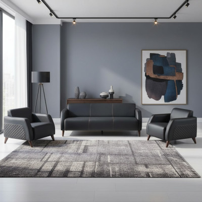 Sitzmöbel 3-Sitzer 2x Sessel Schwarz Lehnsessel Couch Set Modern Leder