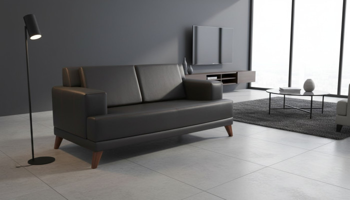 Couch Leder 2-Sitzer Sofa Schwarz Einfarbig Modern Design Ledesofa Holz