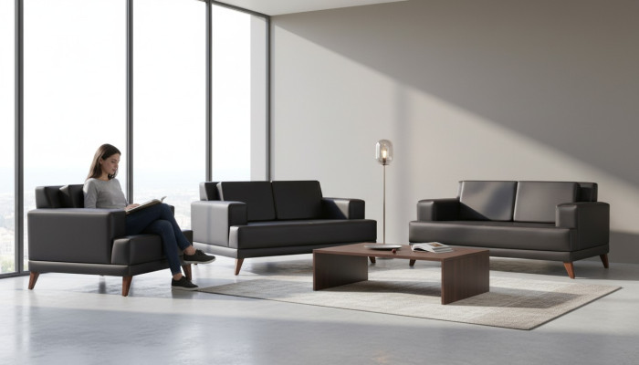Komplett Sitzmöbel 2-Sitzer Sessel Schwarz Modern Polster Kissen Leder