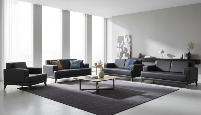 Komplett Sitzmöbel 2-Sitzer Sessel Schwarz Modern Polster Kissen Leder