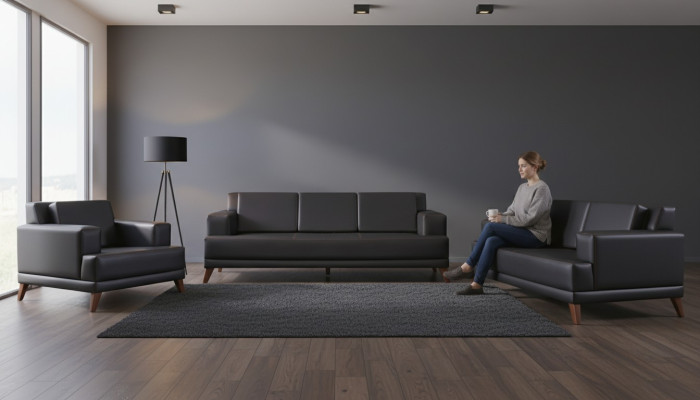 Sitzmöbel Sofa-Set 3-Sitzer 2-Sitzer Sessel Modern Schwarz Ledersofas
