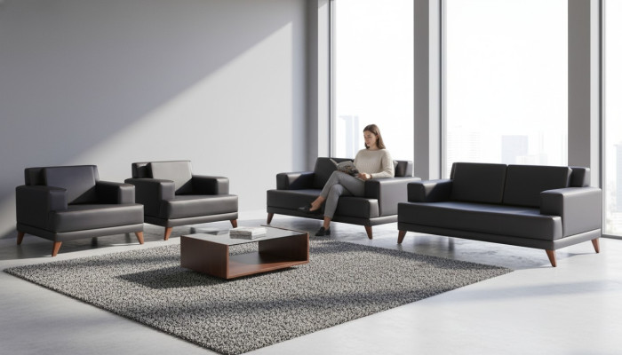Sitzmöbel Set 2-Sitzer Sessel Schwarz Ledersofas Modern Sofa-Set Polster