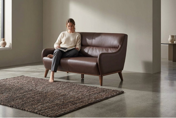 Ledersofa 2-Sitzer Sofa Braun Klassisch Leder Holz Weiche Armlehnen