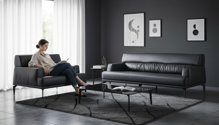 Sofa-Set Modern 3-Sitzer 2-Sitzer Schwarz Sofas Leder Edelstahl Holz