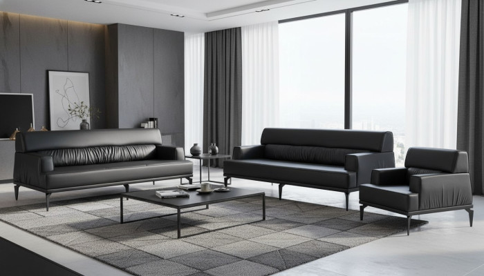 Sofagarnituren Sofa-Set Leder 3-Sitzer Sessel Schwarz Ledersofas Modern