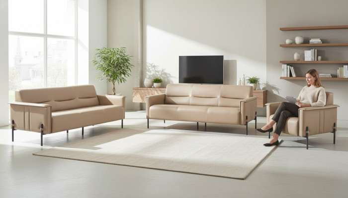 Ledersofas Beige Edelstahl Set 3-Sitzer Sessel Modern Leder Holz Couch