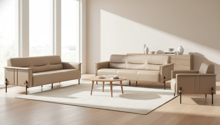 Ledersofas Beige Edelstahl Set 3-Sitzer Sessel Modern Leder Holz Couch