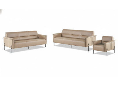 Ledersofas Beige Edelstahl Set 3-Sitzer Sessel Modern Leder Holz Couch