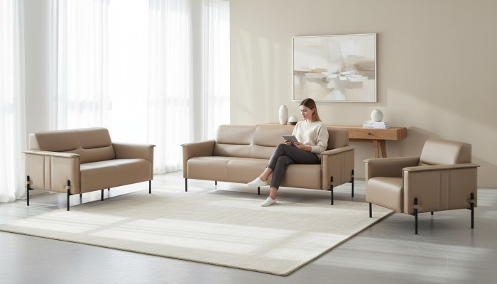 Sitzmöbel Beige Sofagarnitur Set 3-Sitzer 2-Sitzer Sessel Leder Modern