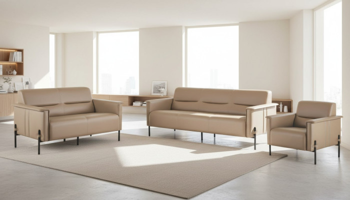 Sitzmöbel Beige Sofagarnitur Set 3-Sitzer 2-Sitzer Sessel Leder Modern
