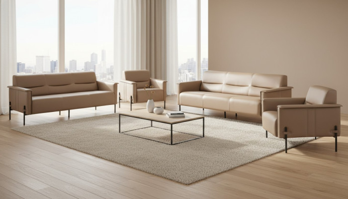 Komplett Sofa-Set 3-Sitzer Sessel Ledersofa Modern Lehnsessel Leder
