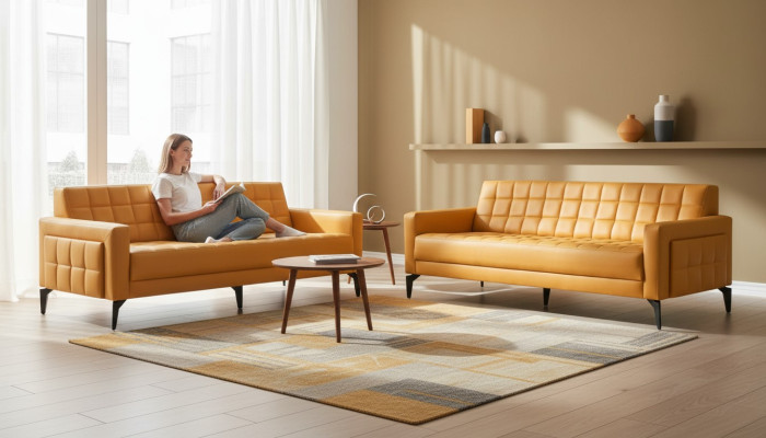 Sofa-Set Gelb 3-Sitzer Sofas Chesterfield Ledersofas Modern Leder Edelstahl