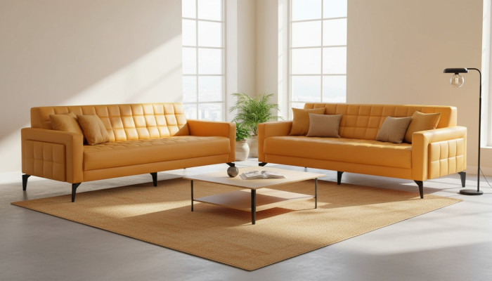 Sofa-Set Gelb 3-Sitzer Sofas Chesterfield Ledersofas Modern Leder Edelstahl