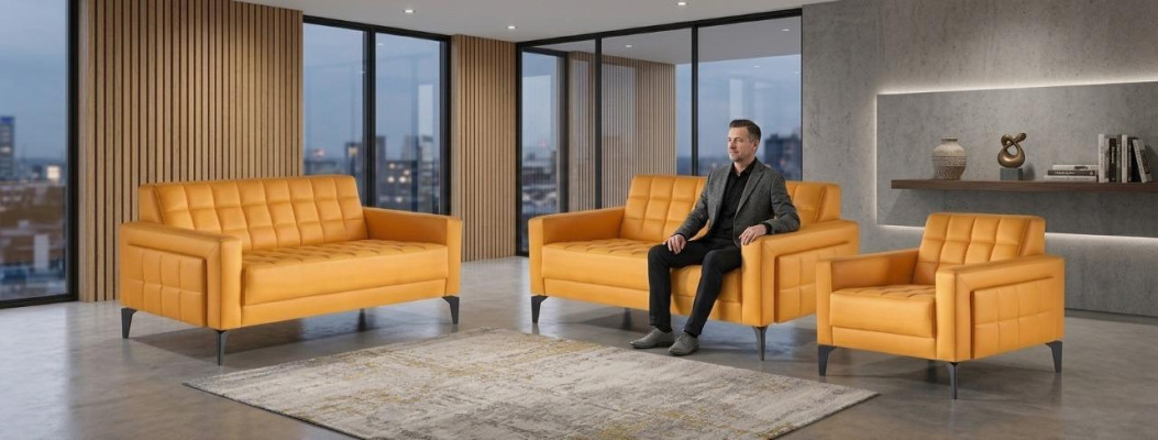 Sofagarnituren Set 2-Sitzer Sessel Modern Gelb Ledesofas Edelstahl Leder