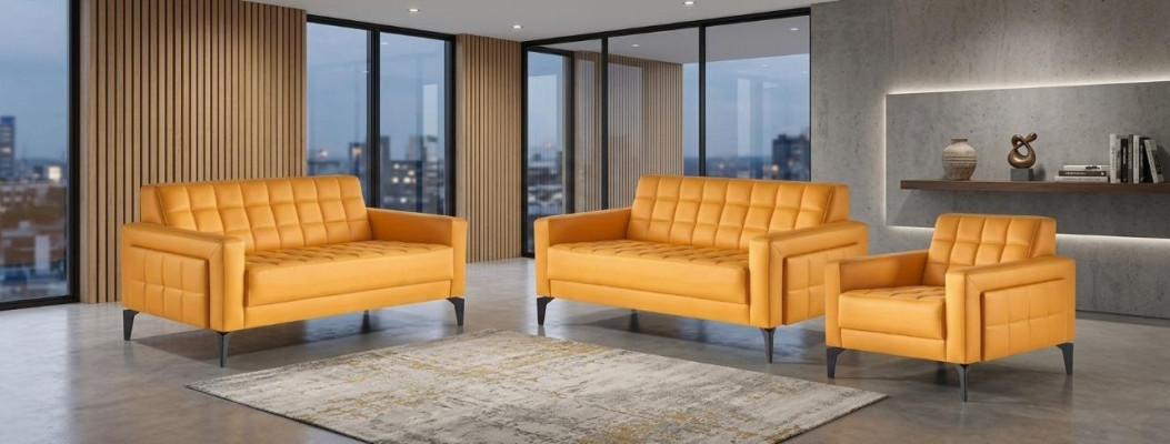 Sofagarnituren Set 2-Sitzer Sessel Modern Gelb Ledesofas Edelstahl Leder