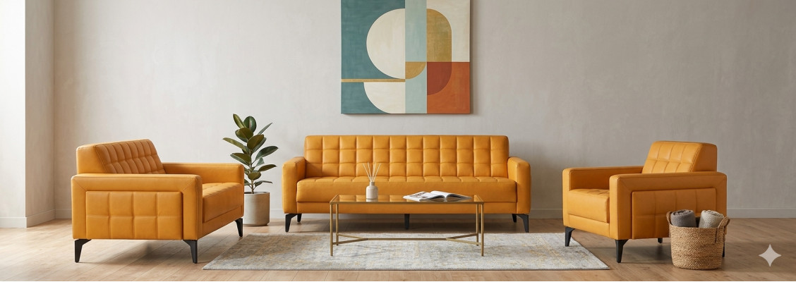 Sofa-Set Ledersofas Modern Gelb Chesterfield 3-Sitzer 2-Sitzer Sessel